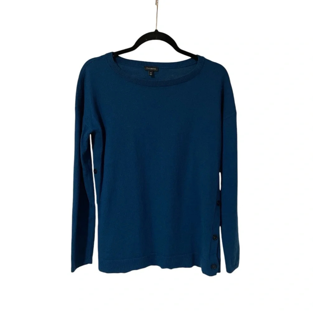 Talbots Sweater Size XS Lamb Wool Blend Knit Long Sleeve Side Button Blue Button